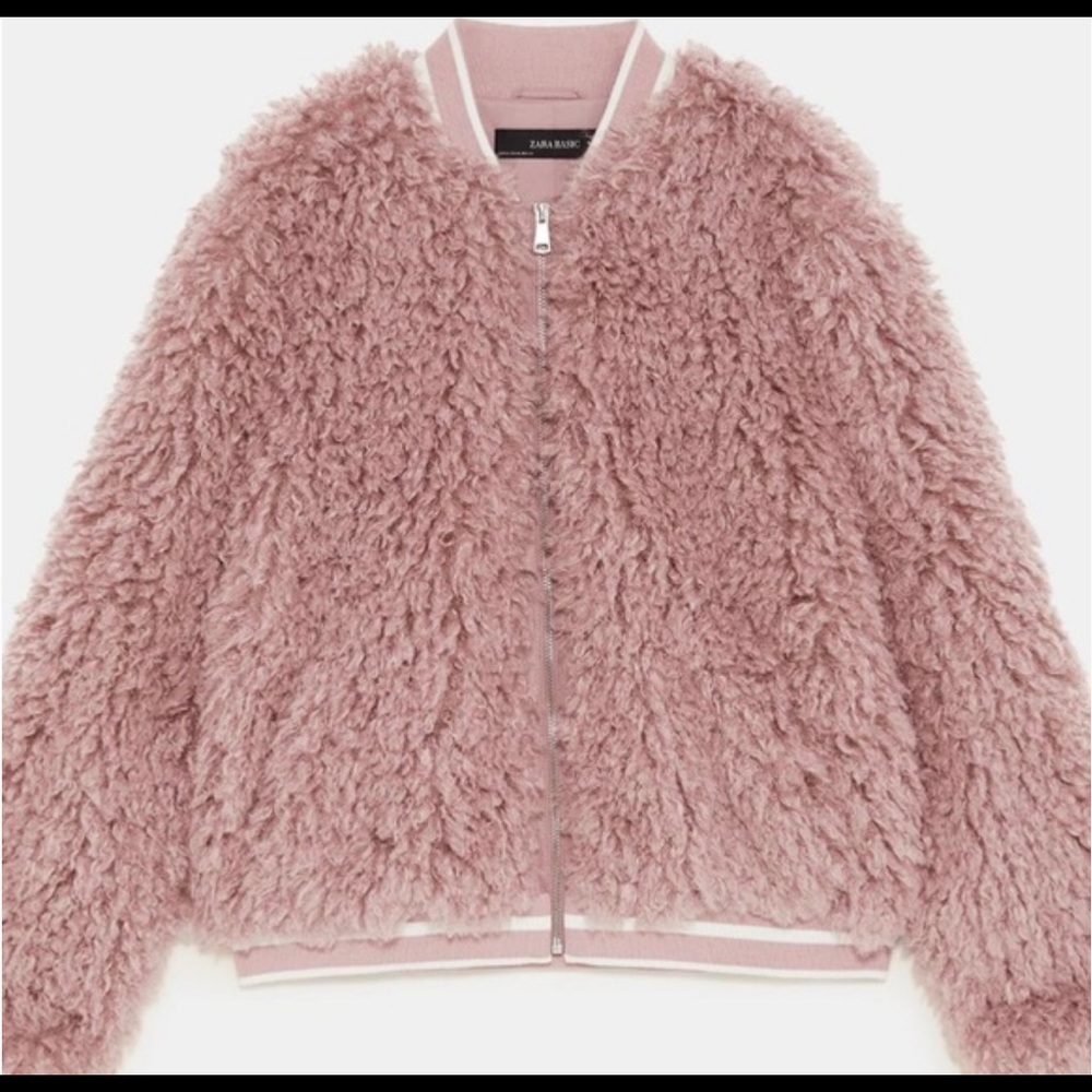 Zara Pink Faux Shearling Bomber Jacket - Brand New, Size Small